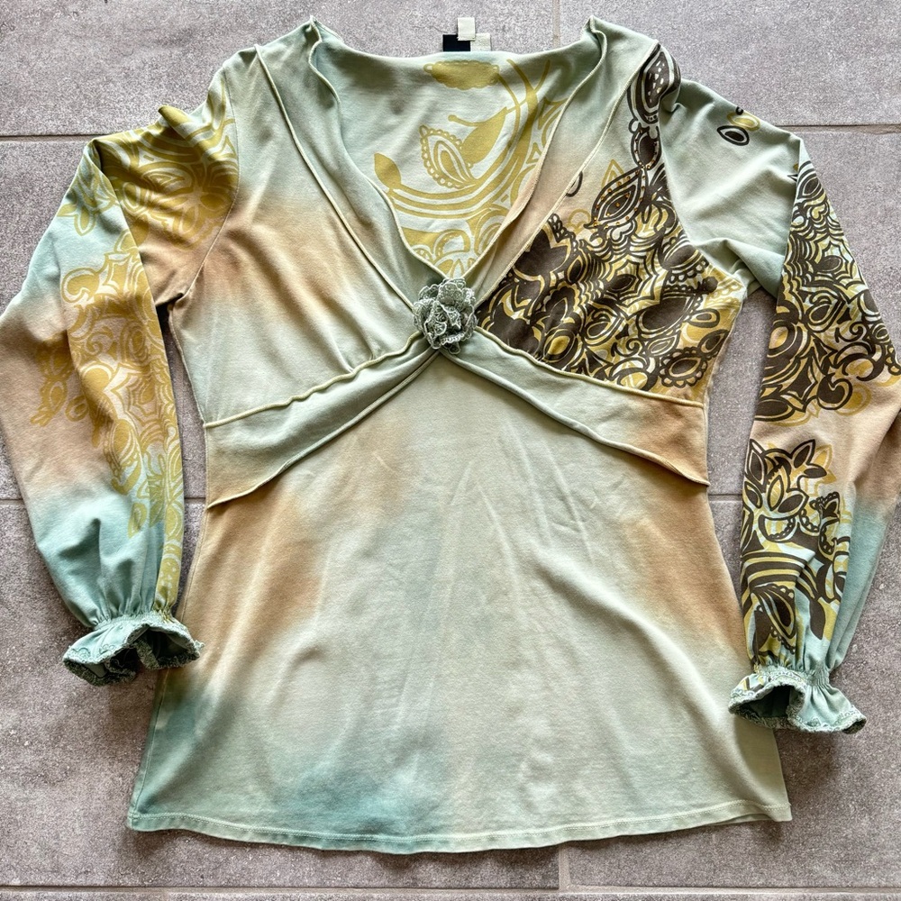 Vintage Y2K Fairycore Boho green brown Boho tiedie babydoll longsleeve Top Sz M